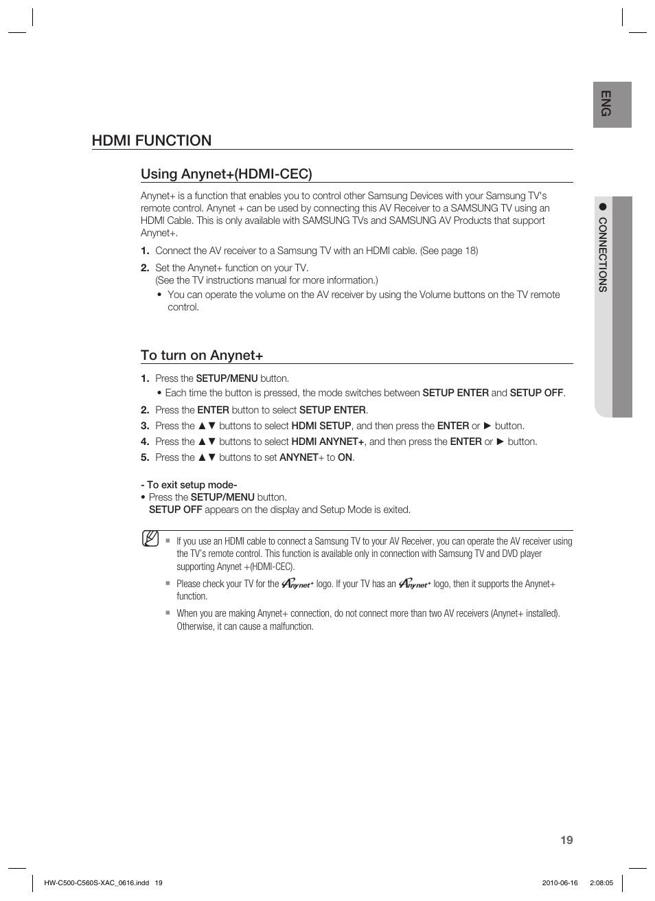 Hdmi function, Using anynet+(hdmi-cec) | Samsung HW-C500 User Manual | Page 19 / 57