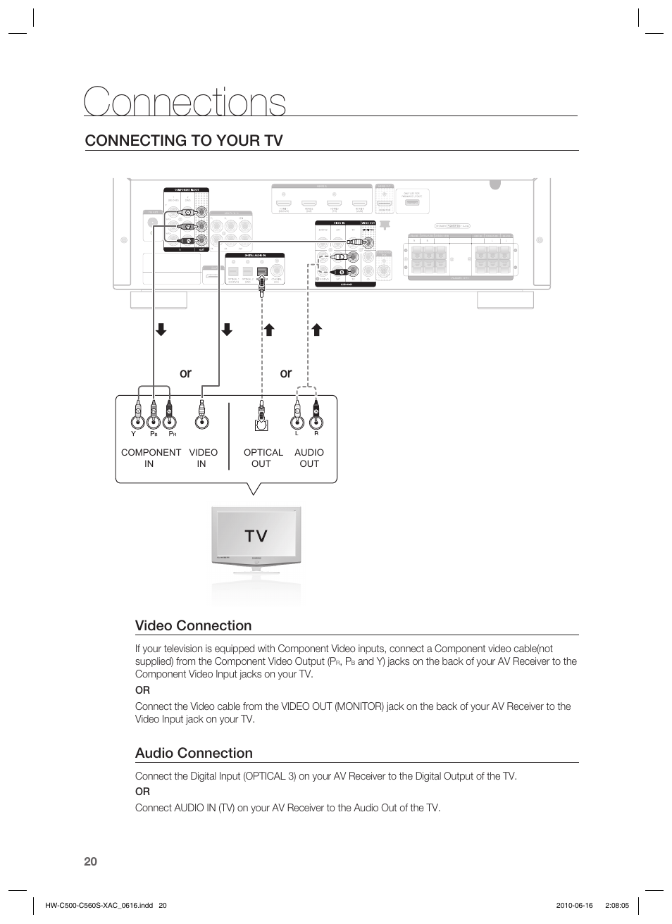 Connections, Connecting to your tv, Video connection | Audio connection | Samsung HW-C500 User Manual | Page 20 / 57