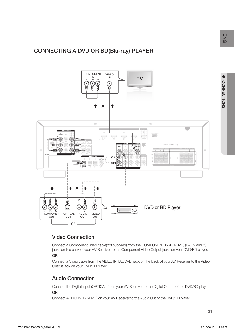 Connecting a dvd or bd(blu-ray) player, Video connection, Audio connection | Or dvd or bd player | Samsung HW-C500 User Manual | Page 21 / 57