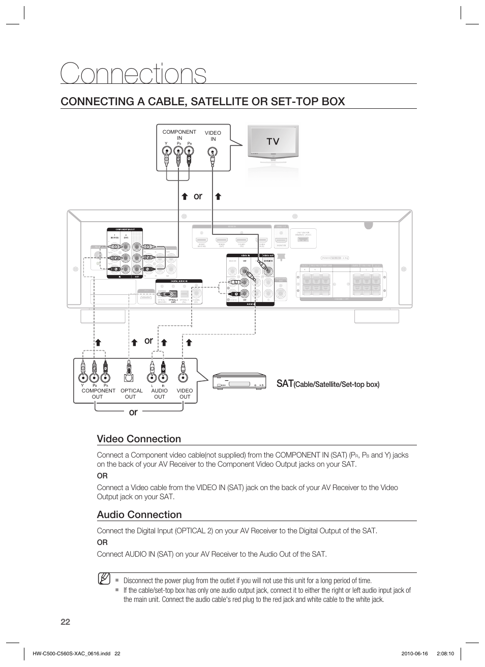 Connections, Connecting a cable, satellite or set-top box, Video connection | Audio connection, Or sat | Samsung HW-C500 User Manual | Page 22 / 57