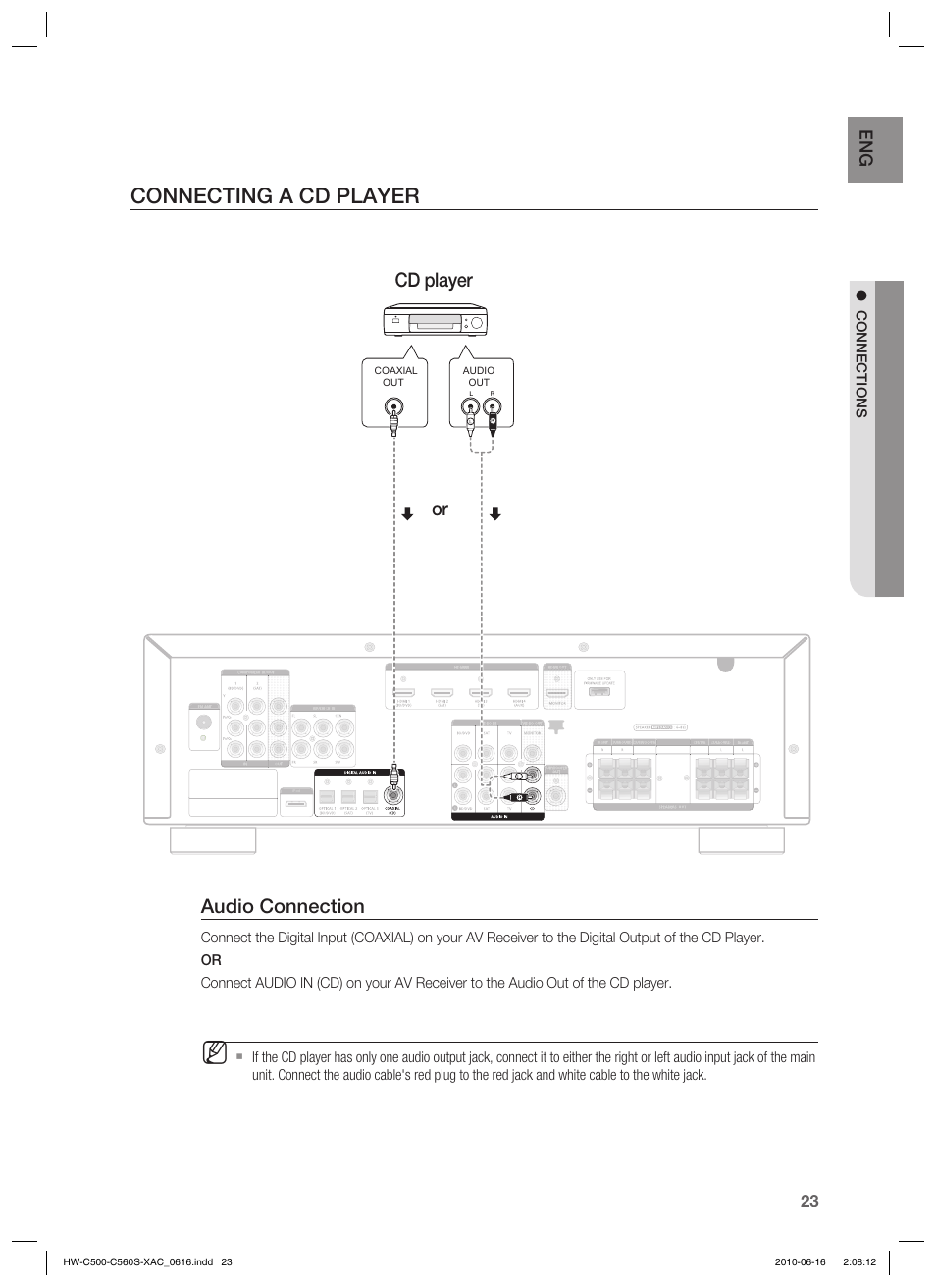 Connecting a cd player, Audio connection, Cd player | Samsung HW-C500 User Manual | Page 23 / 57