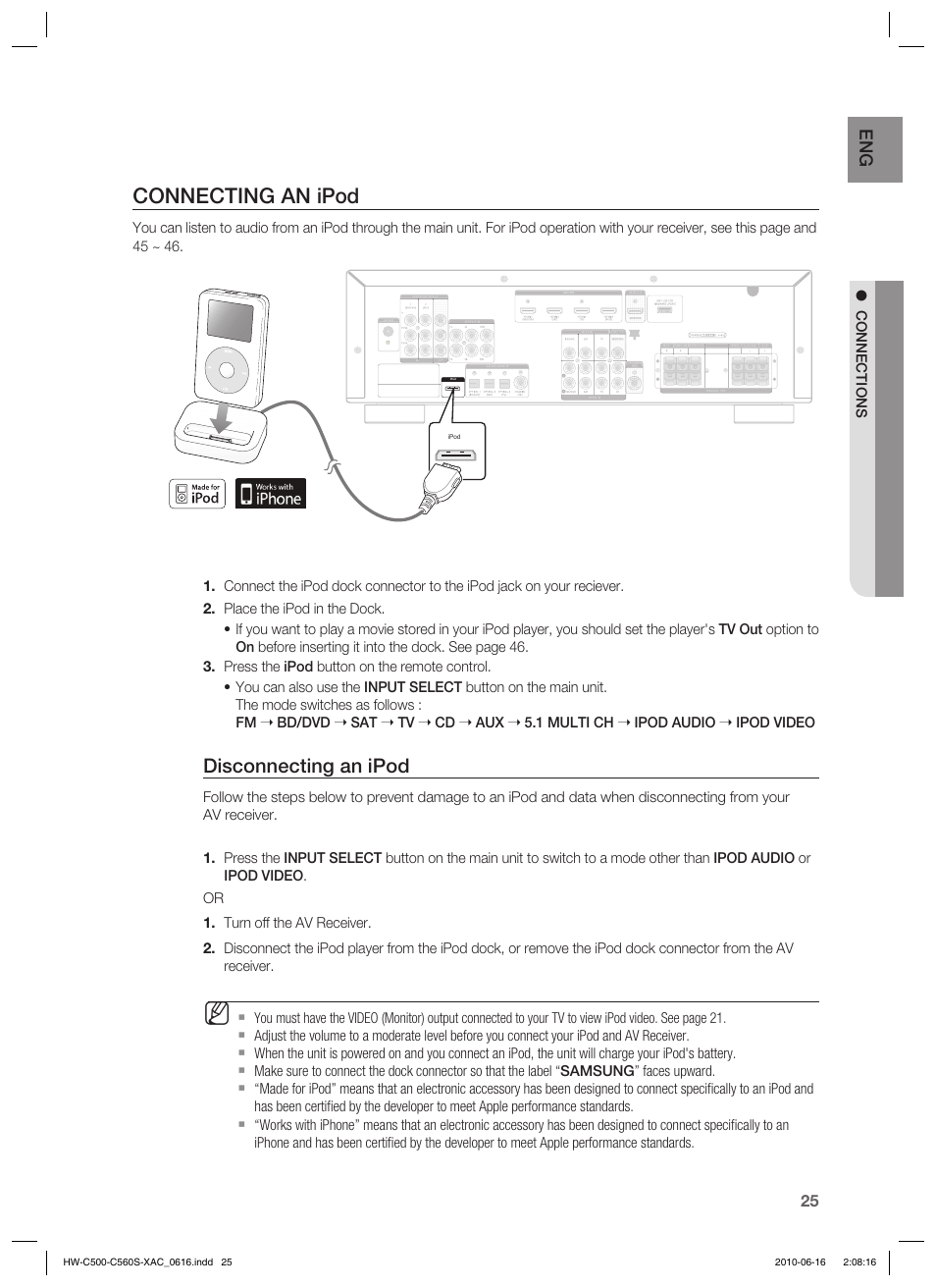 Connecting an ipod, Disconnecting an ipod | Samsung HW-C500 User Manual | Page 25 / 57