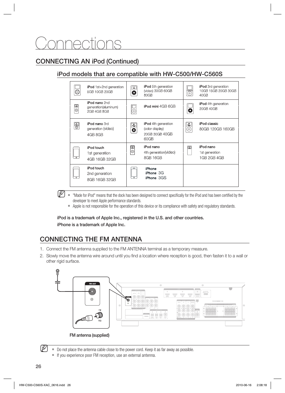 Connections, Connecting an ipod (continued), Connecting the fm antenna | Samsung HW-C500 User Manual | Page 26 / 57