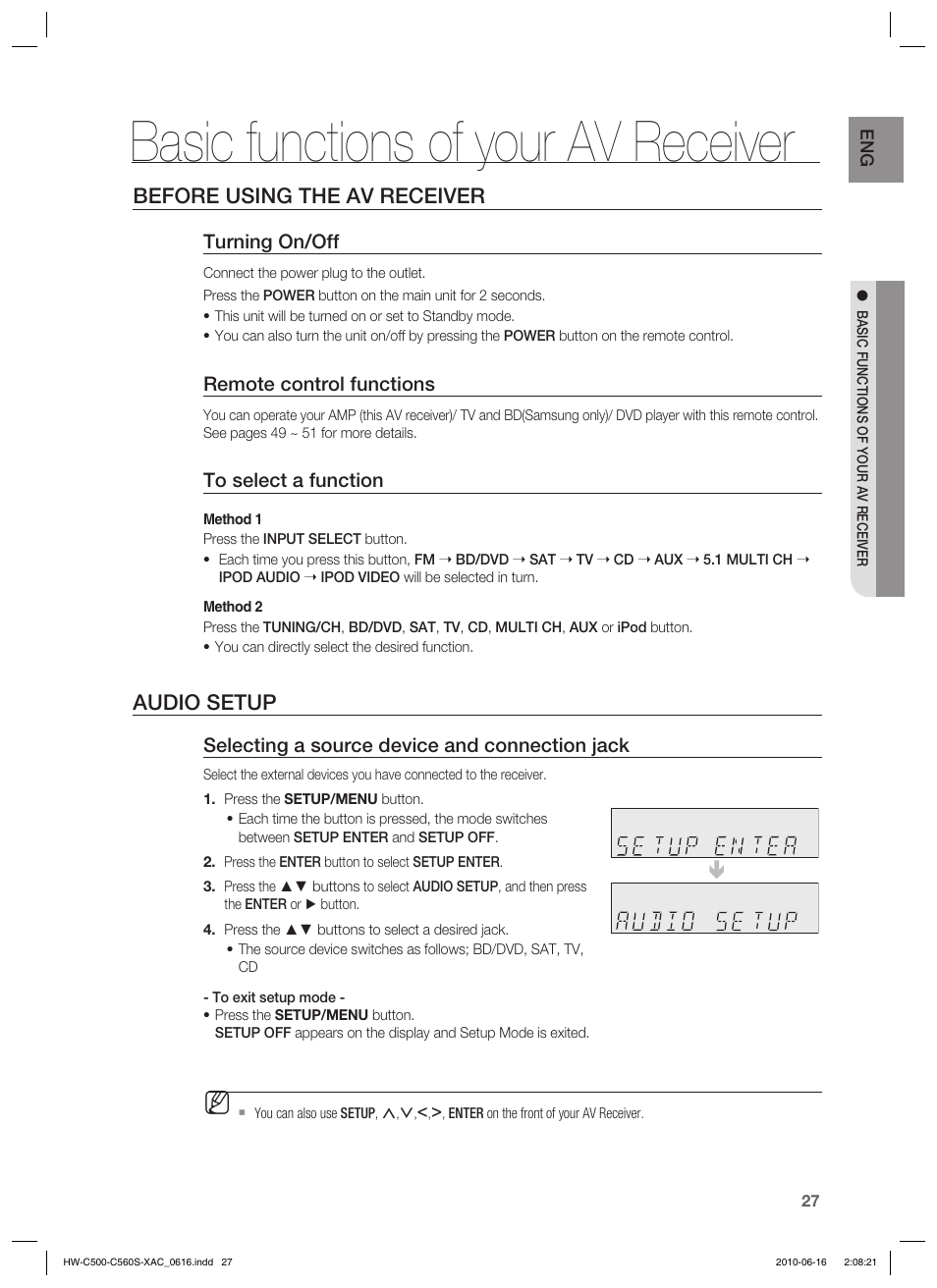 Basic functions of your av receiver, Before using the av receiver, Audio setup | Samsung HW-C500 User Manual | Page 27 / 57