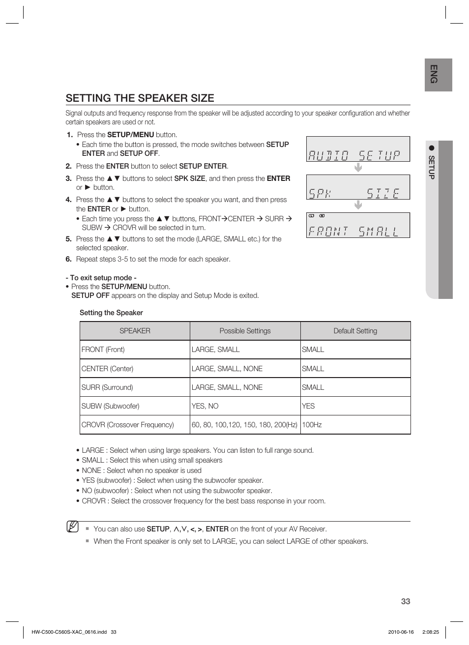 Setting the speaker size | Samsung HW-C500 User Manual | Page 33 / 57