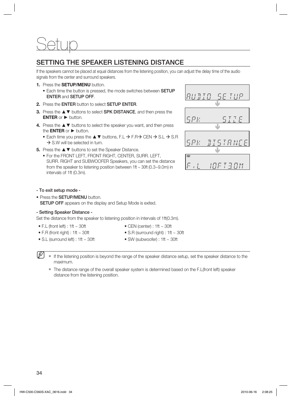 Setup, Setting the speaker listening distance | Samsung HW-C500 User Manual | Page 34 / 57