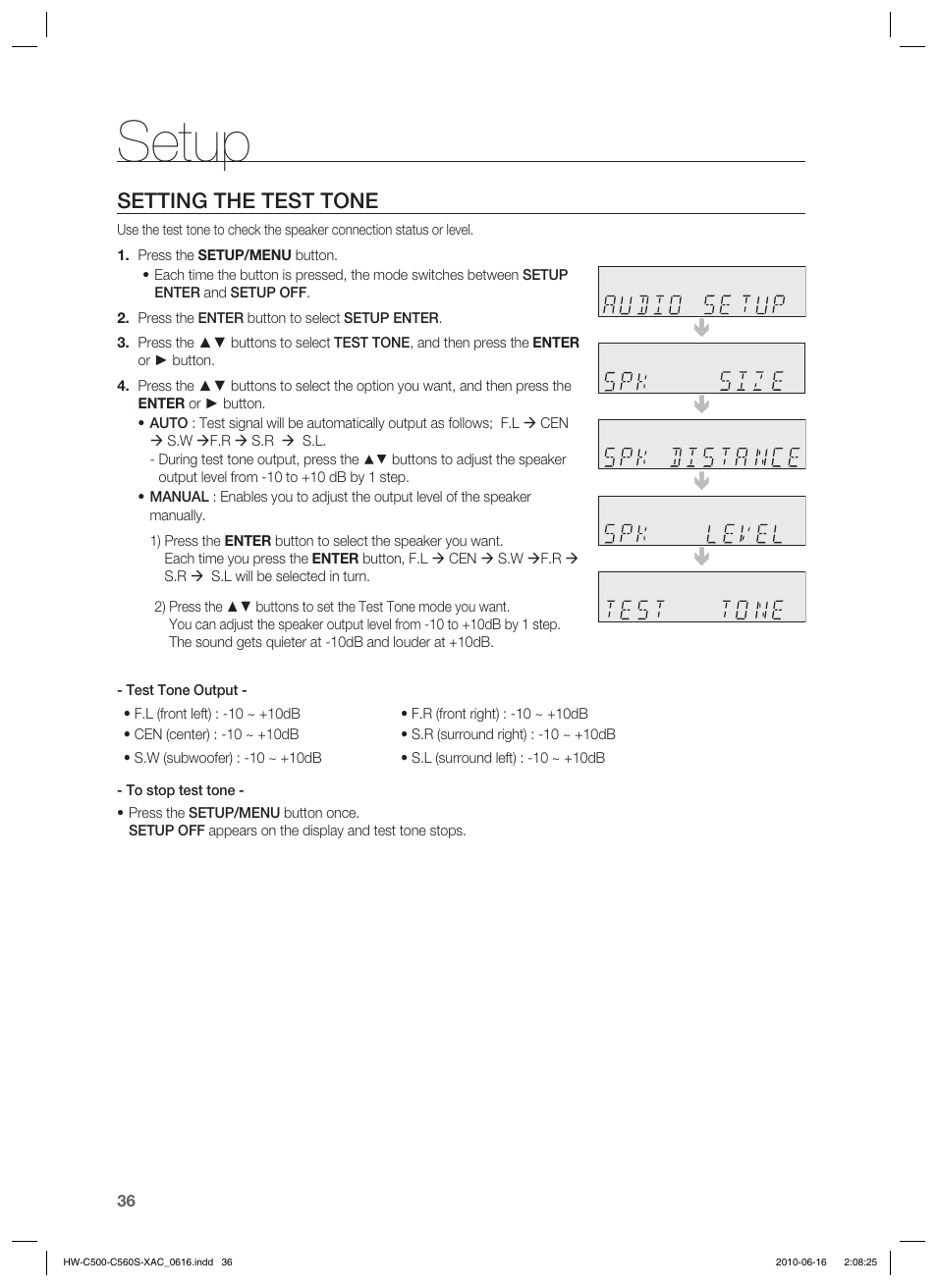 Setup, Setting the test tone | Samsung HW-C500 User Manual | Page 36 / 57