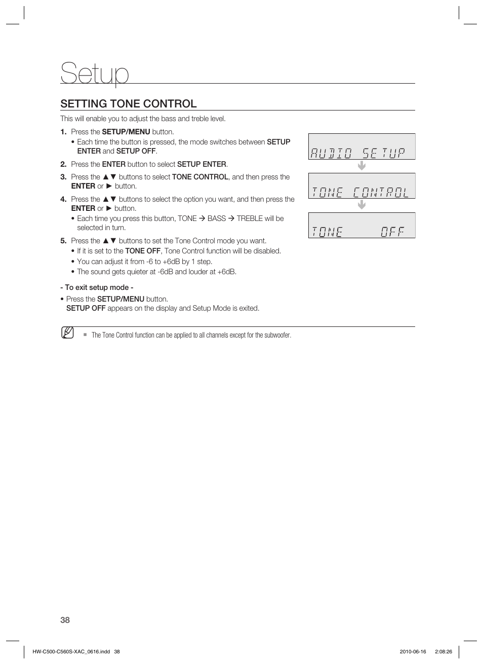 Setup, Setting tone control | Samsung HW-C500 User Manual | Page 38 / 57