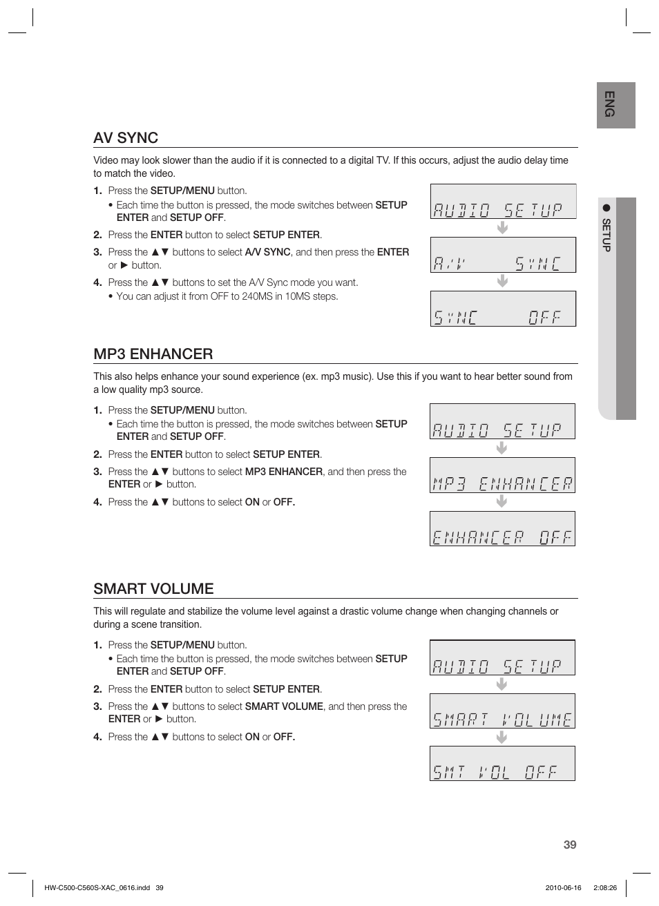 Av sync, Mp3 enhancer, Smart volume | Samsung HW-C500 User Manual | Page 39 / 57