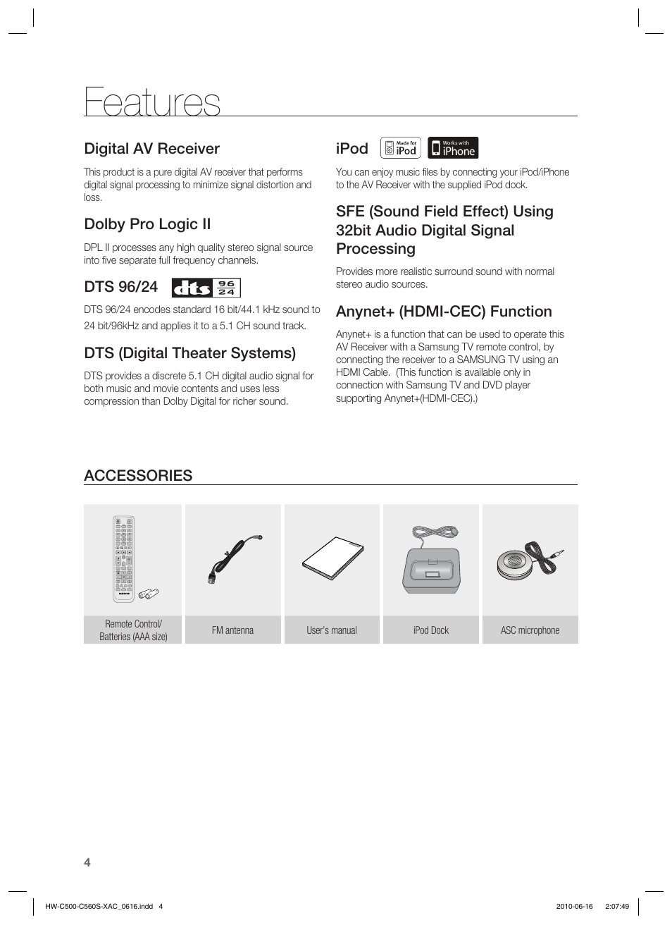 Features, Digital av receiver, Dolby pro logic ii | Dts 96/24, Dts (digital theater systems), Ipod, Anynet+ (hdmi-cec) function, Accessories | Samsung HW-C500 User Manual | Page 4 / 57