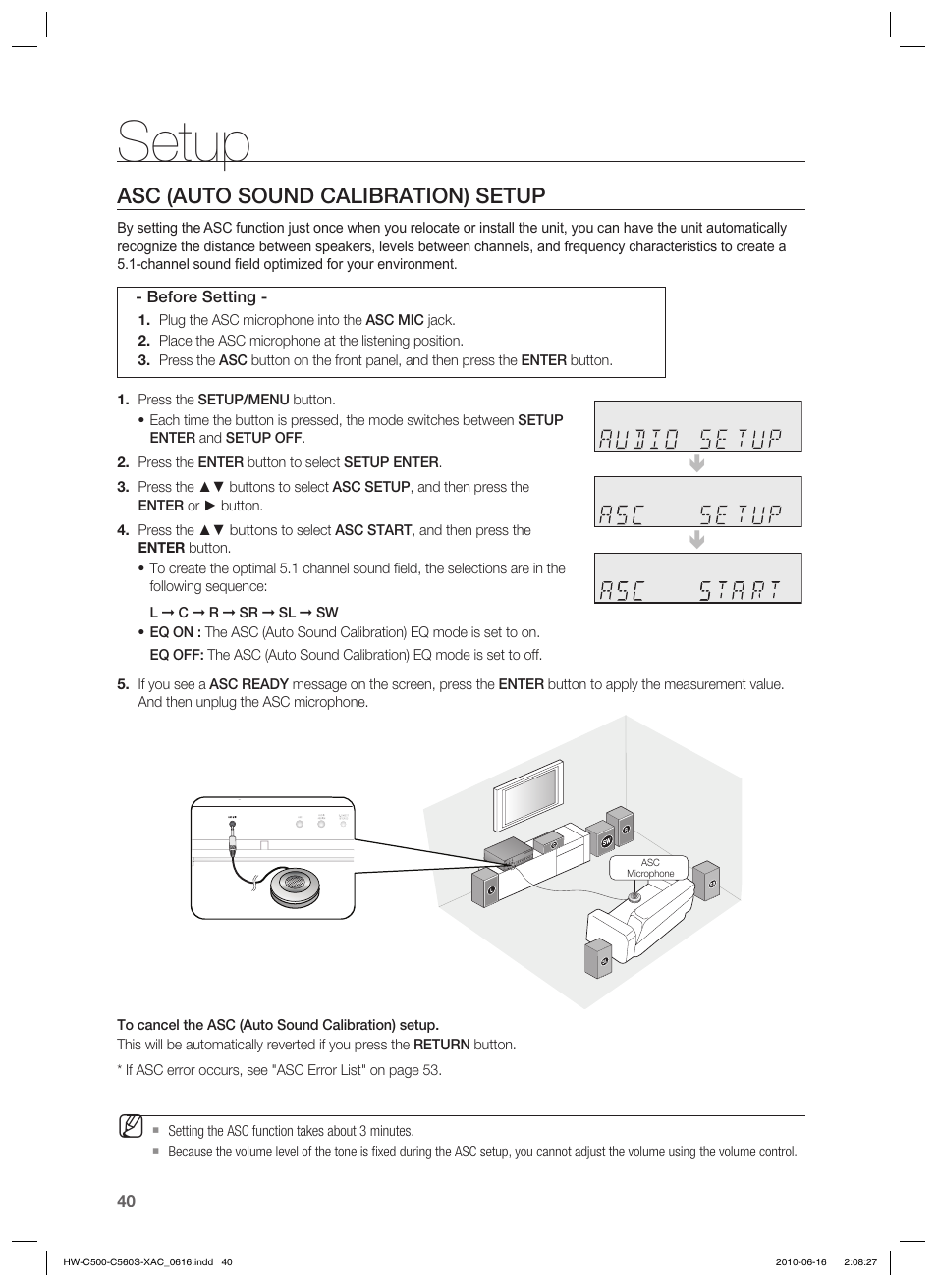 Setup, Asc (auto sound calibration) setup | Samsung HW-C500 User Manual | Page 40 / 57