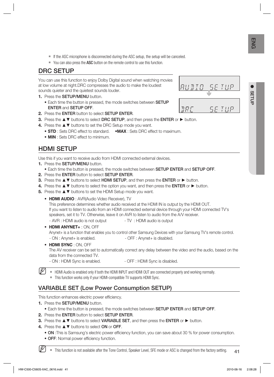 Drc setup, Hdmi setup, Variable set (low power consumption setup) | Samsung HW-C500 User Manual | Page 41 / 57