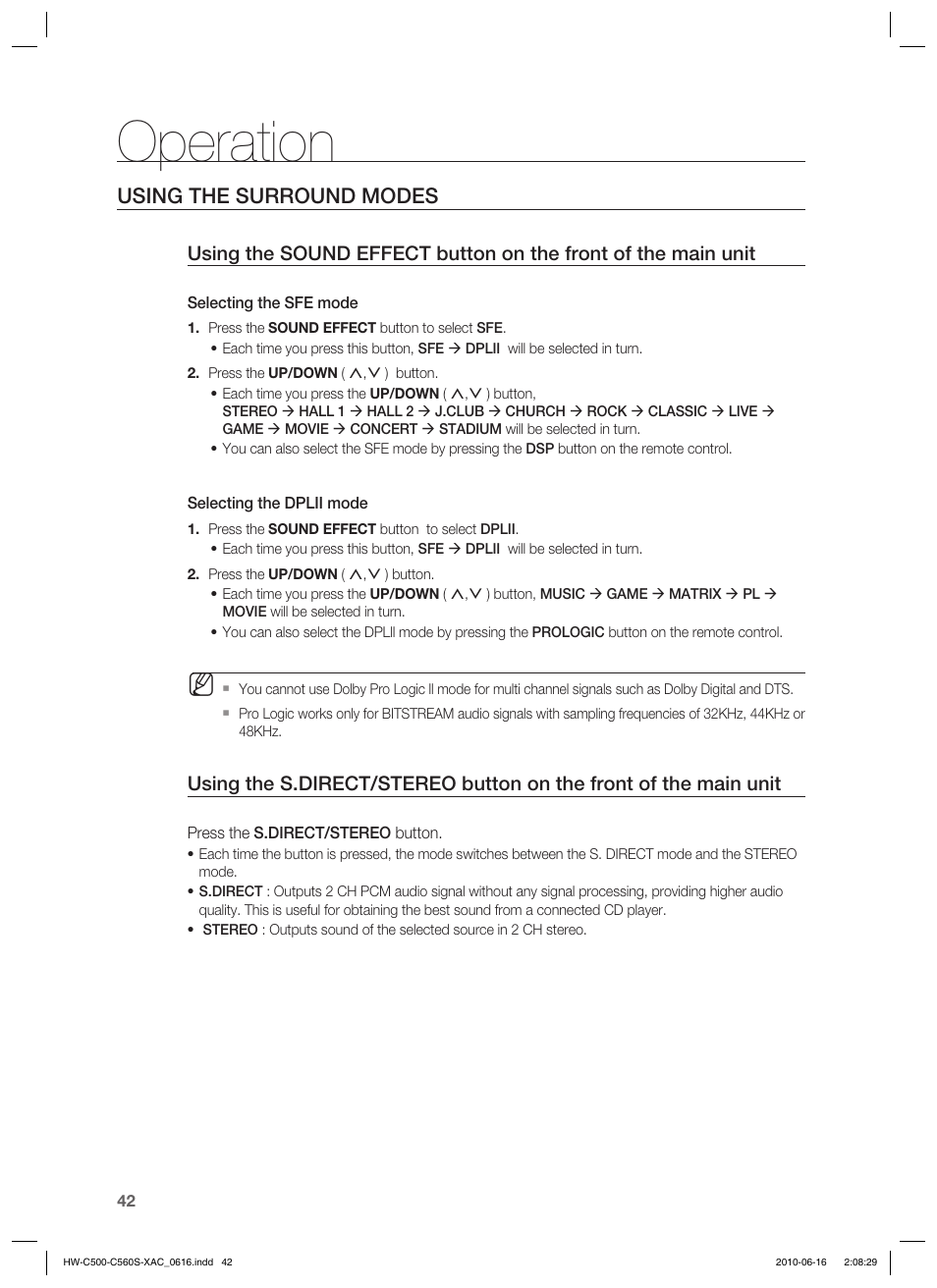 Operation, Using the surround modes | Samsung HW-C500 User Manual | Page 42 / 57