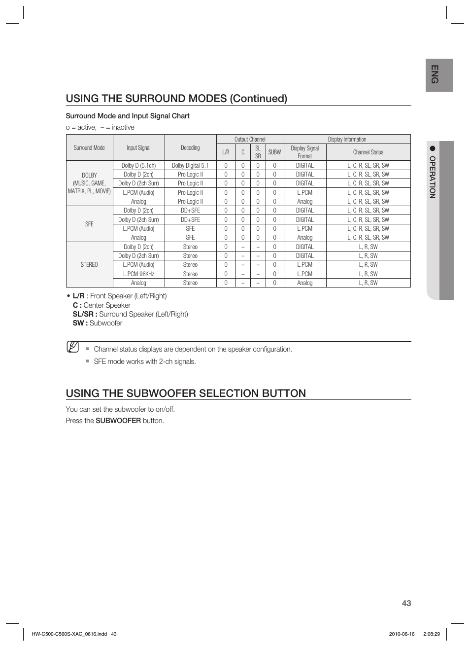 Using the surround modes (continued), Using the subwoofer selection button | Samsung HW-C500 User Manual | Page 43 / 57