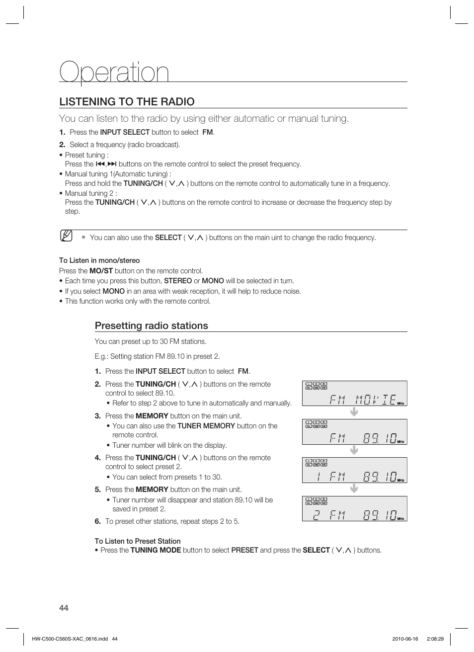 Operation, Listening to the radio, Presetting radio stations | Samsung HW-C500 User Manual | Page 44 / 57