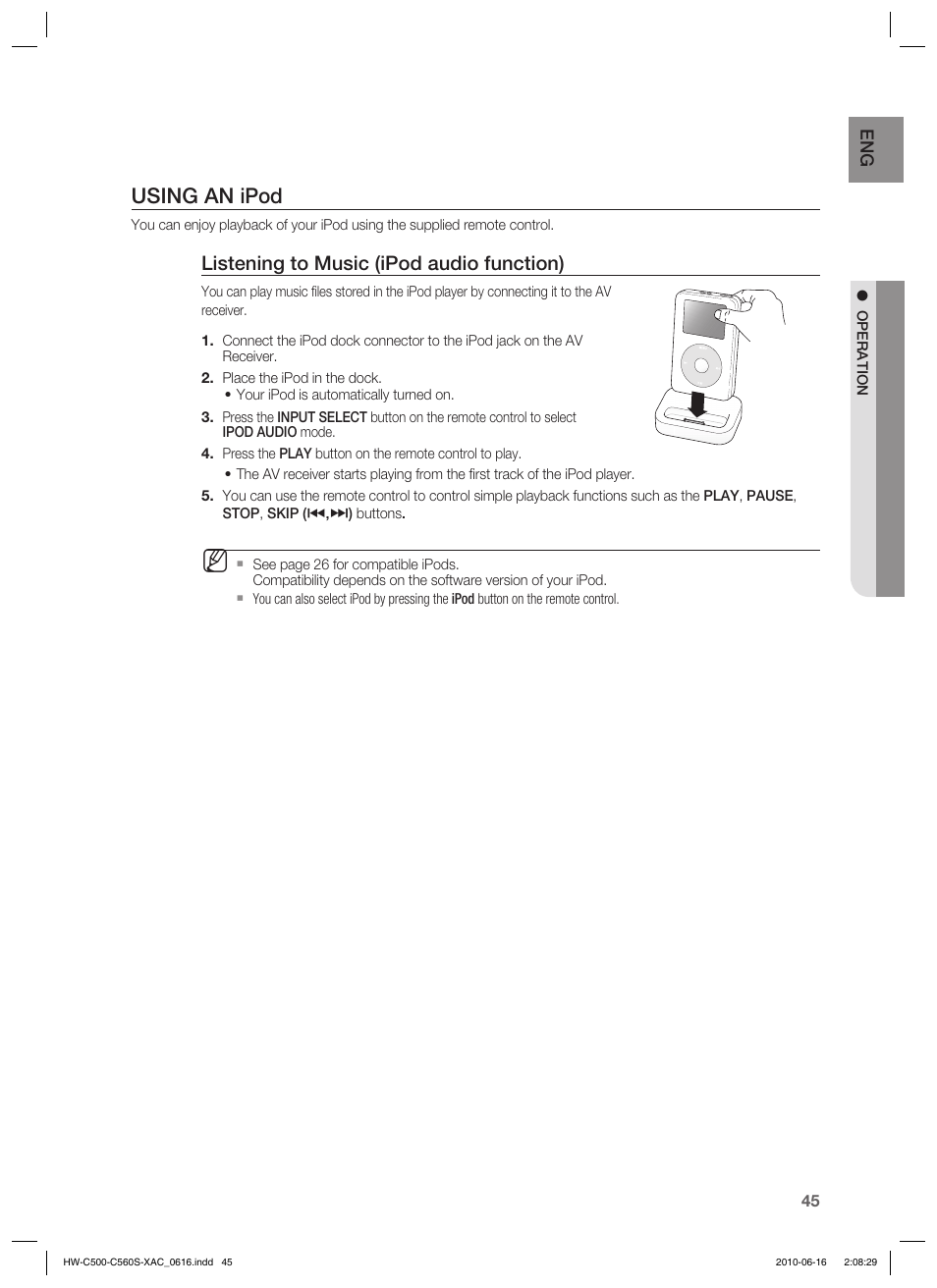 Using an ipod, Listening to music (ipod audio function) | Samsung HW-C500 User Manual | Page 45 / 57