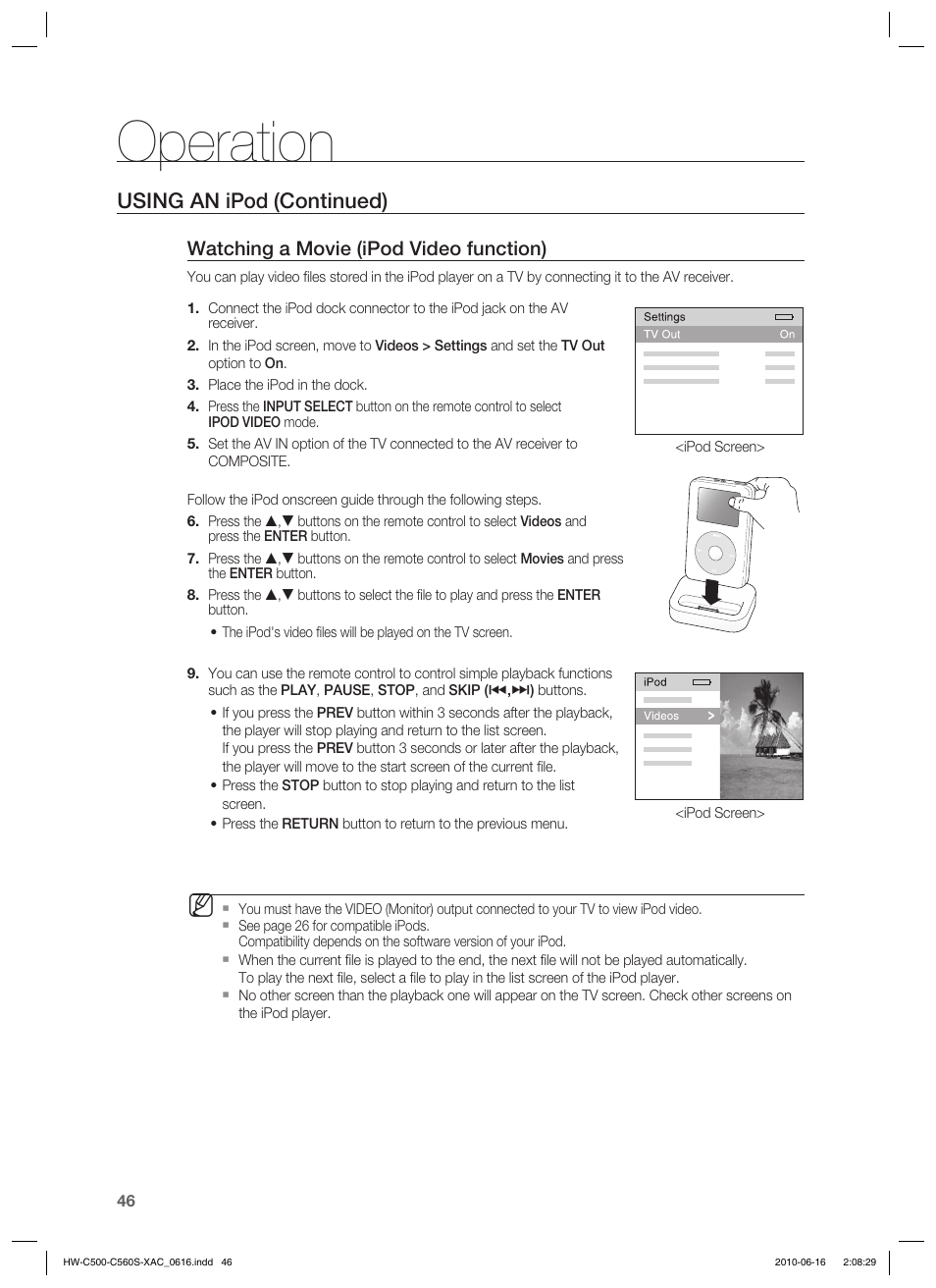 Operation, Using an ipod (continued), Watching a movie (ipod video function) | Samsung HW-C500 User Manual | Page 46 / 57