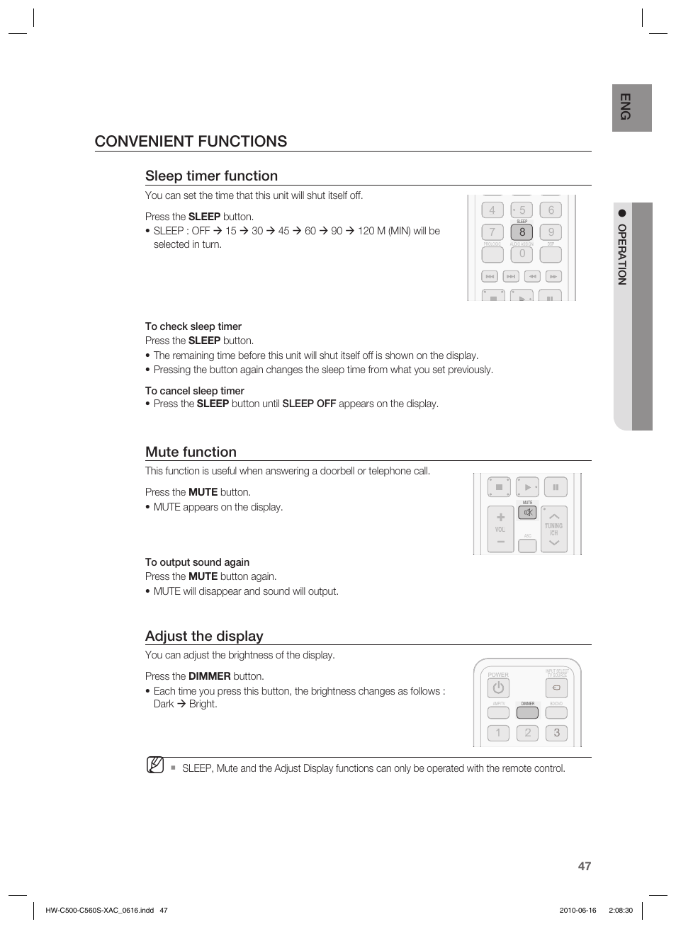 Convenient functions, Sleep timer function, Mute function | Adjust the display | Samsung HW-C500 User Manual | Page 47 / 57