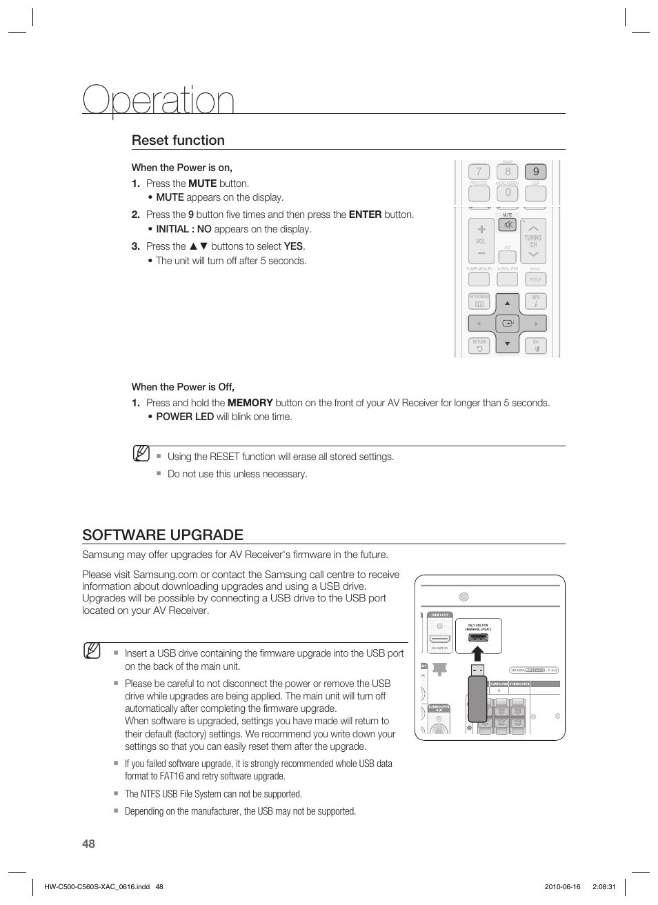 Operation, Software upgrade, Reset function | Samsung HW-C500 User Manual | Page 48 / 57