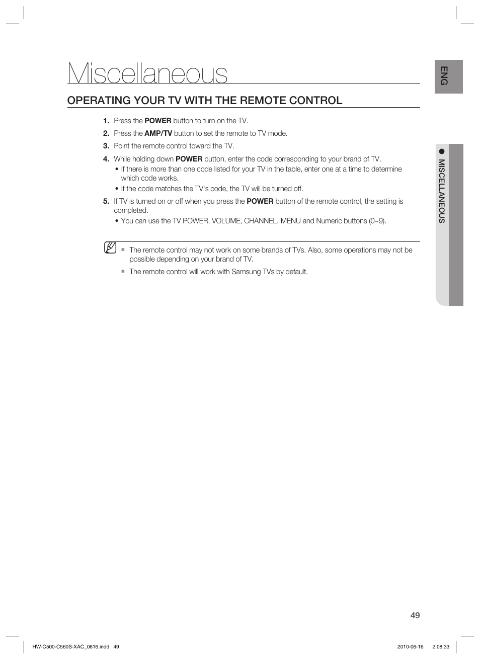 Miscellaneous, Operating your tv with the remote control | Samsung HW-C500 User Manual | Page 49 / 57