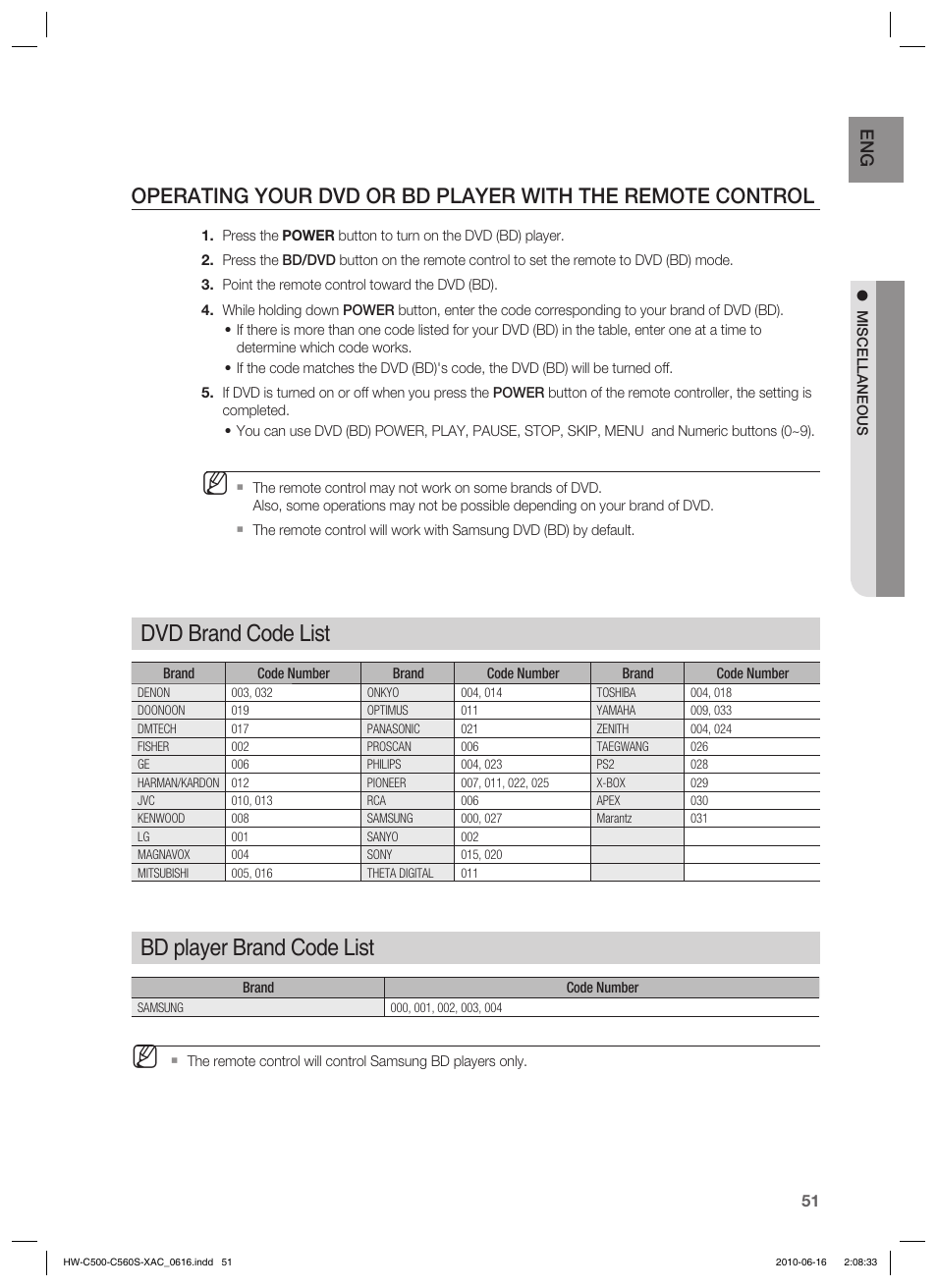 Bd player brand code list, Dvd brand code list | Samsung HW-C500 User Manual | Page 51 / 57