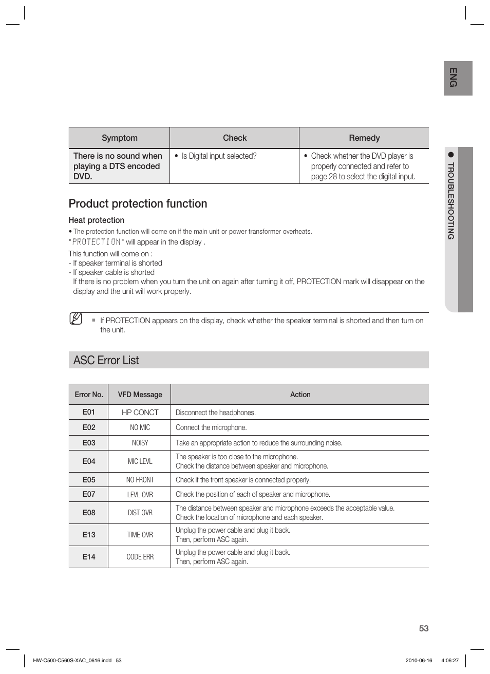 Product protection function, Asc error list | Samsung HW-C500 User Manual | Page 53 / 57