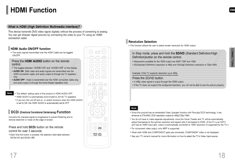 Homi function, Hdmi audio on/off function, Press the hdmi audio button on the remote | Resoiution seiection, Definition/high, Press the sd/hd button, Dcdi, Function, Hdmi audio, Directional correlational deinterlacing) | Samsung HT-HDP40 User Manual | Page 10 / 38