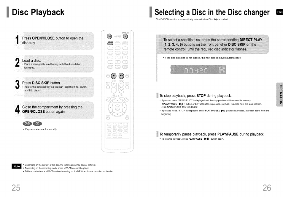 Disc playback, Selecting a disc in the disc changer s, Press open/close button to open the disc tray | To stop playback, press stop during playback | Samsung HT-HDP40 User Manual | Page 14 / 38