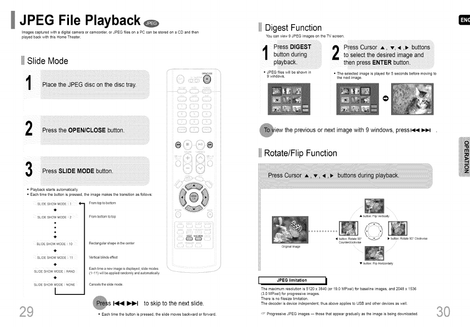 Place the jpeg disc on the: disc: tray, Press the open/close button, Press to skip to the next slide | Button during: playback, Press cursor a , 4 ,► buttons, Press cursor, Buttons during playback, Jpeg file playback, Slide mode, Digest function | Samsung HT-HDP40 User Manual | Page 16 / 38