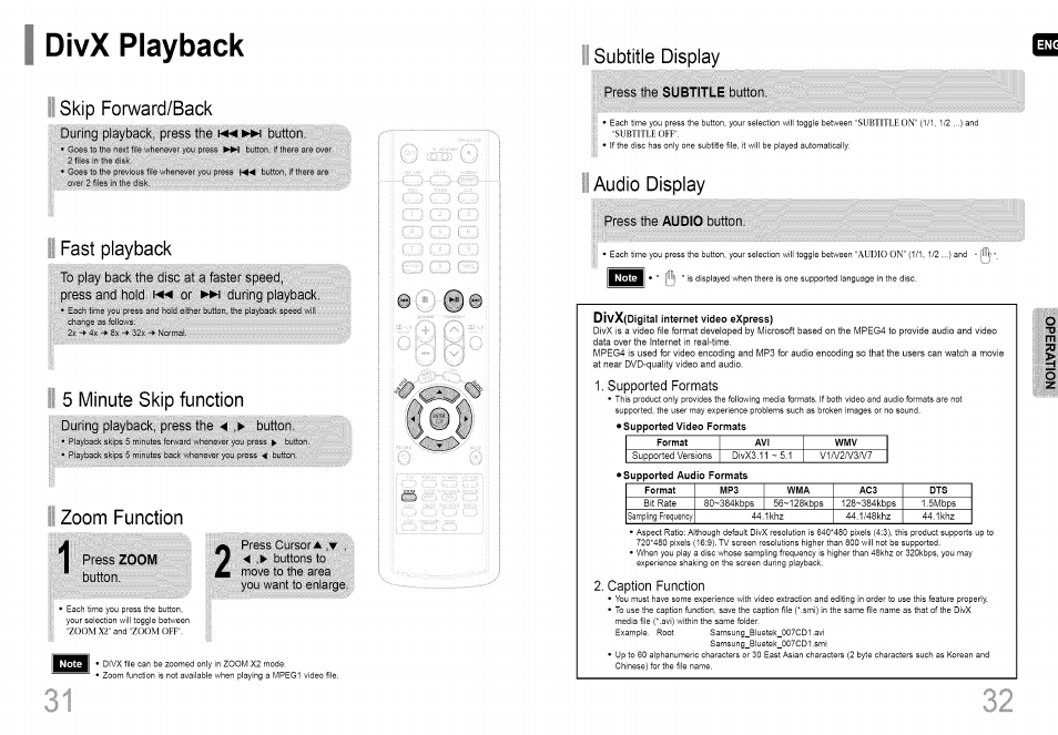 During playback, press the 4 ,► button, Press zoom button, Press the subtitle button | Press the audio button, Supported formats, Caption function, Divx playback, Skip forward/back, Fast playback, 5 minute skip function | Samsung HT-HDP40 User Manual | Page 17 / 38