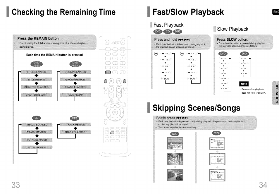 Press the remain button, Each time the remain button is pressed, Tpressiand-hold | Press slow, Skipping scenes/songs, Checking the remaining time fast/slow playback, Fast playback slow playback, Slow, Press | Samsung HT-HDP40 User Manual | Page 18 / 38