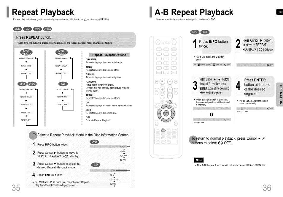 A-b repeat playback, Chapter, Title | Group, Random, Track, C? off, Repeat playback, Info, Enter | Samsung HT-HDP40 User Manual | Page 19 / 38