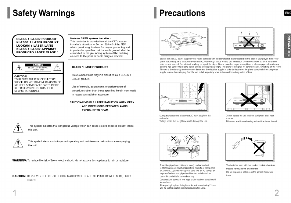 Safety warnings, Precautions, Note to catv system installer | Caution, Safety warnings precautions | Samsung HT-HDP40 User Manual | Page 2 / 38