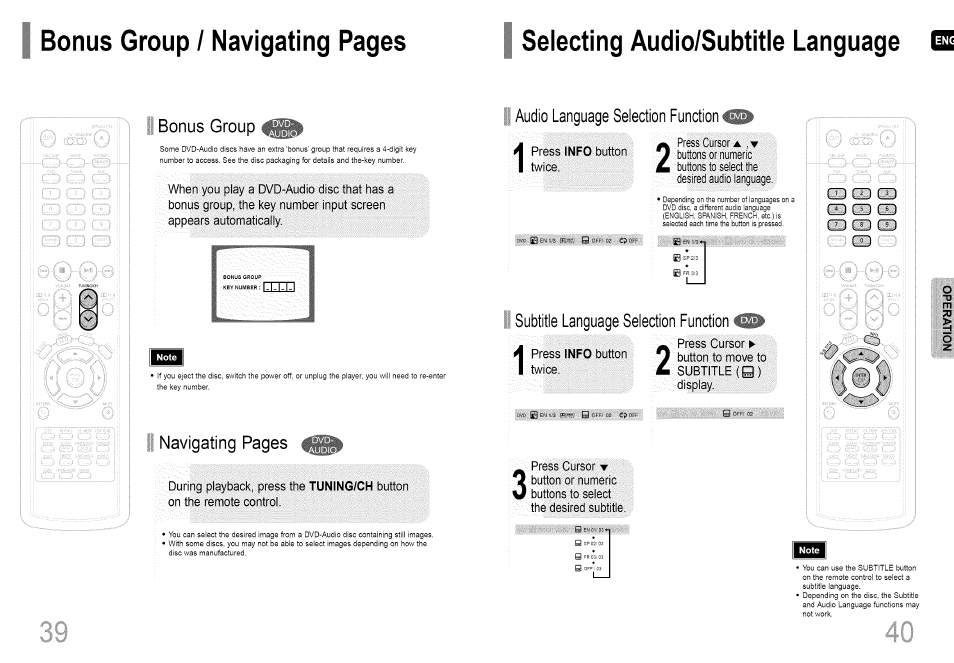 Audio language selection function, Subtitle language selection function, Bonus group | Cd cd gd cd cd cd cd cd cd, Navigating pages | Samsung HT-HDP40 User Manual | Page 21 / 38