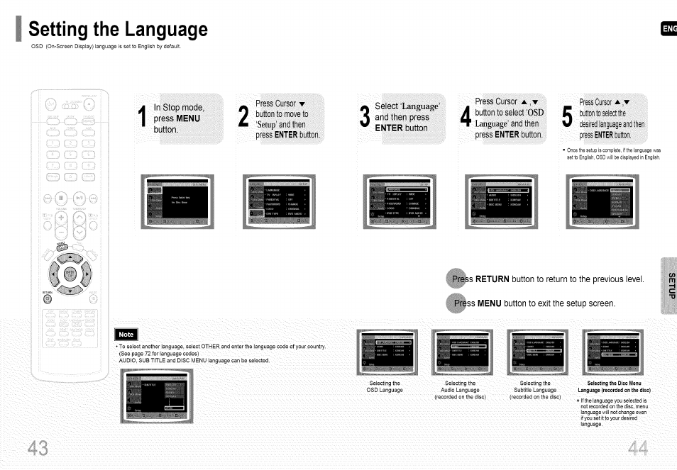 Setting the language, Language | Samsung HT-HDP40 User Manual | Page 23 / 38