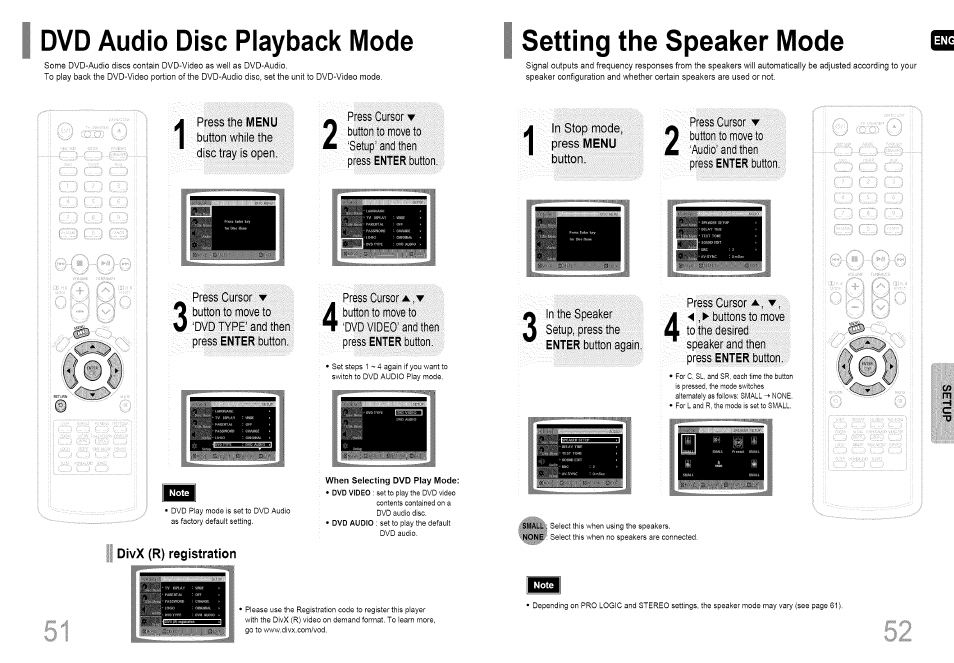 Divx (r) registration, Dvd audio disc playback mode, Setting the speaker mode | Samsung HT-HDP40 User Manual | Page 27 / 38