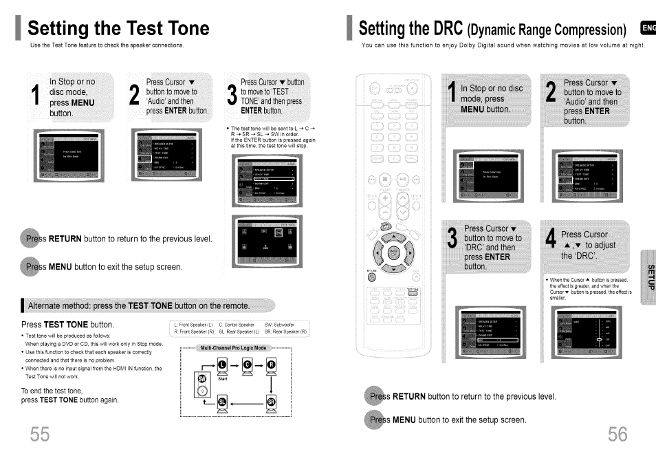 Setting the test tone, Sotting the drc, Dynamic range compression) | Oe o | Samsung HT-HDP40 User Manual | Page 29 / 38