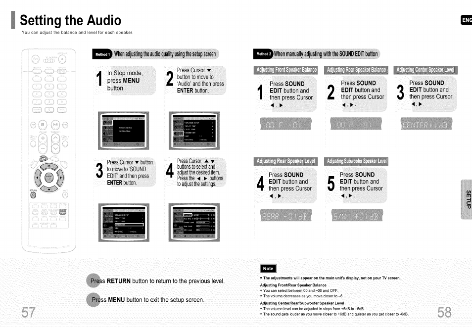 Adjusting center speaker level, Setting the audio, When manually adjusting with the sound edit button | Samsung HT-HDP40 User Manual | Page 30 / 38