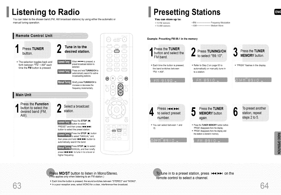 Listening to radio, Presetting stations, I remote control unit | Main unit, Tune in to the desired station, Press the tuner memory i | Samsung HT-HDP40 User Manual | Page 33 / 38