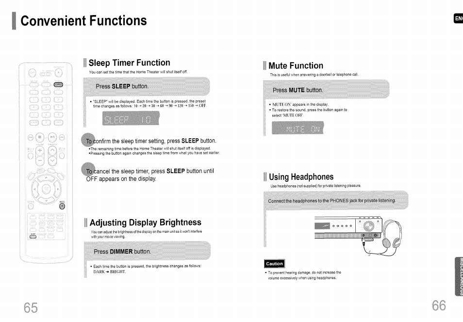 Convenient functions, Press sleep button, Press dimmer button | Press mute button, Using headphones, Sleep timer function, Adjusting display brightness, Mute function | Samsung HT-HDP40 User Manual | Page 34 / 38