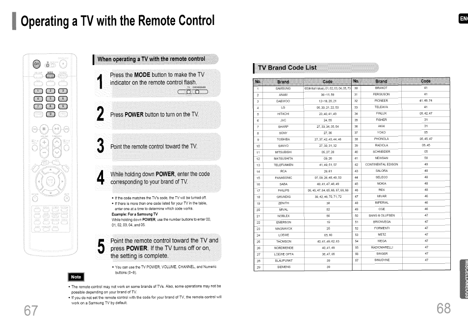 Operating a tv with the remote control, I when operating a tv with the remote control, Press:power button to turn: on the tv | Point the remote eontrol toward the tv, E holding down power, enter the code, Corresponding to your, Brand of tv, Tv brand code list, Button, Make the | Samsung HT-HDP40 User Manual | Page 35 / 38