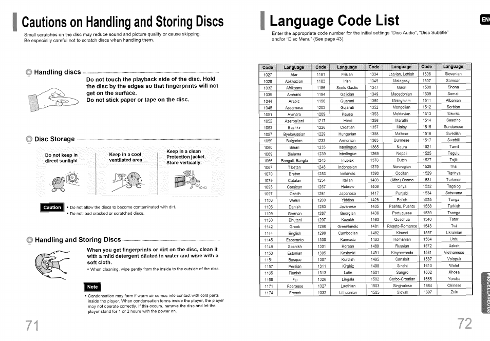 Handling discs, Do not stick paper or tape on the disc, Disc storage | Handling and storing discs, Cautions on handling and storing discs, Language code list | Samsung HT-HDP40 User Manual | Page 37 / 38