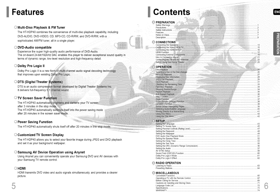Features contents, Multi-disc playback & fm tuner, Dvd-audio compatible | Dolby pro logic ii, Dts (digital theater systems), Tv screen saver function, Power saving function, Customized tv screen display, Samsung av device operation using anynet, Hdmi | Samsung HT-HDP40 User Manual | Page 4 / 38