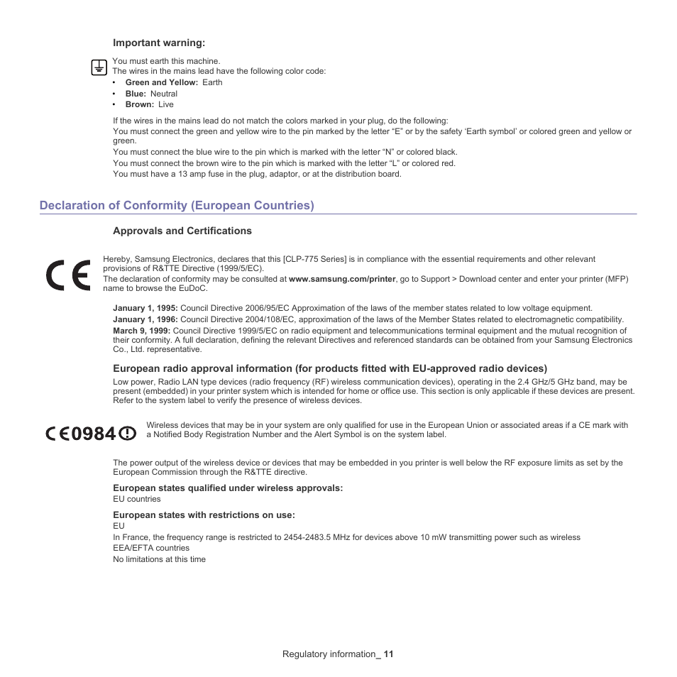 Declaration of conformity (european countries) | Samsung CLP-775 SERIES User Manual | Page 11 / 101