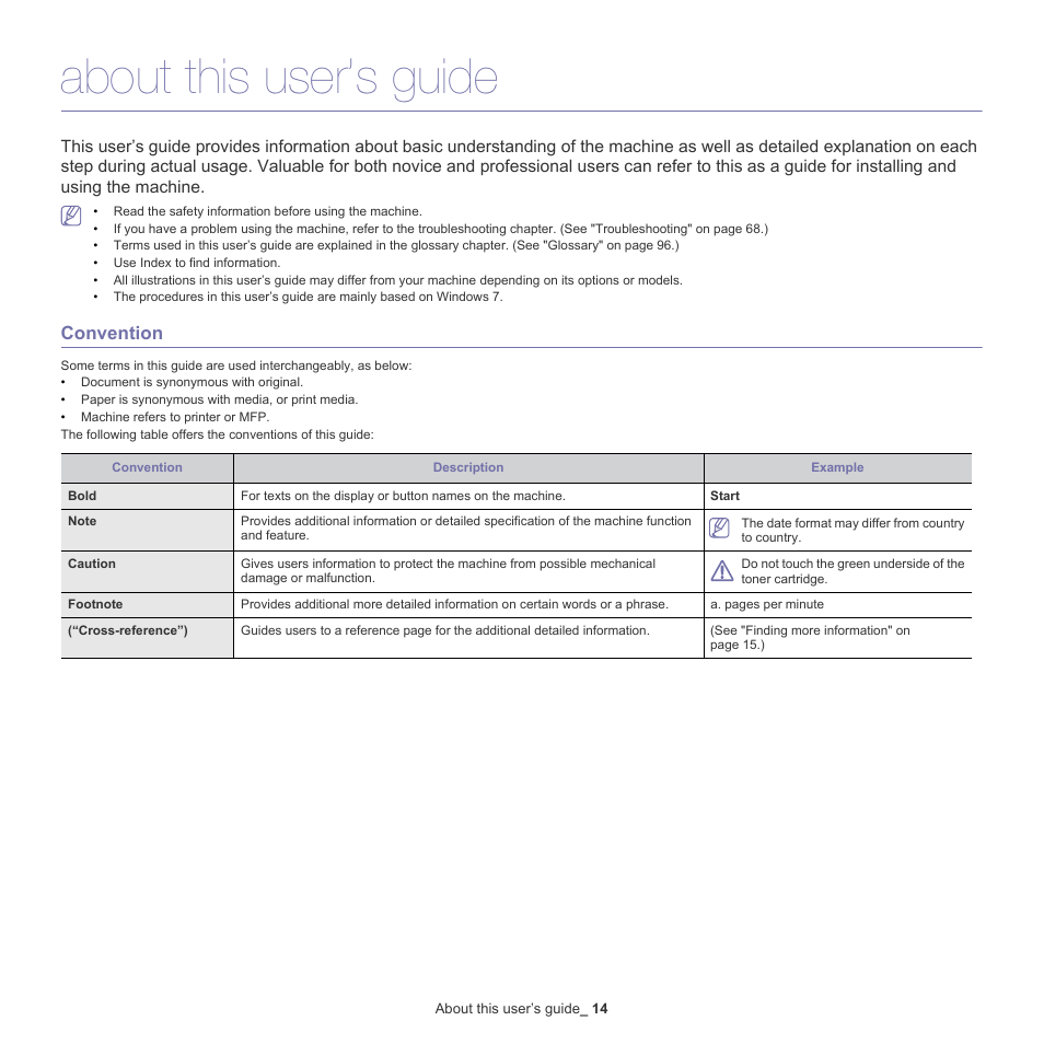 About this user’s guide, Convention | Samsung CLP-775 SERIES User Manual | Page 14 / 101