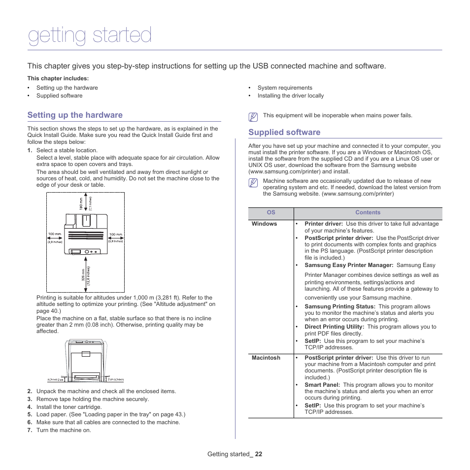Getting started, Setting up the hardware, Supplied software | Samsung CLP-775 SERIES User Manual | Page 22 / 101