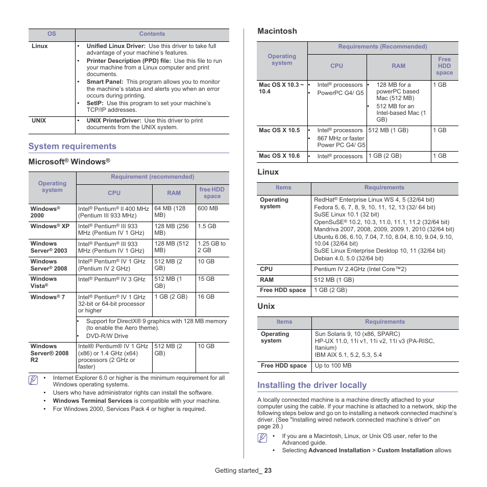 System requirements, Installing the driver locally, Microsoft | Windows, Macintosh linux unix | Samsung CLP-775 SERIES User Manual | Page 23 / 101
