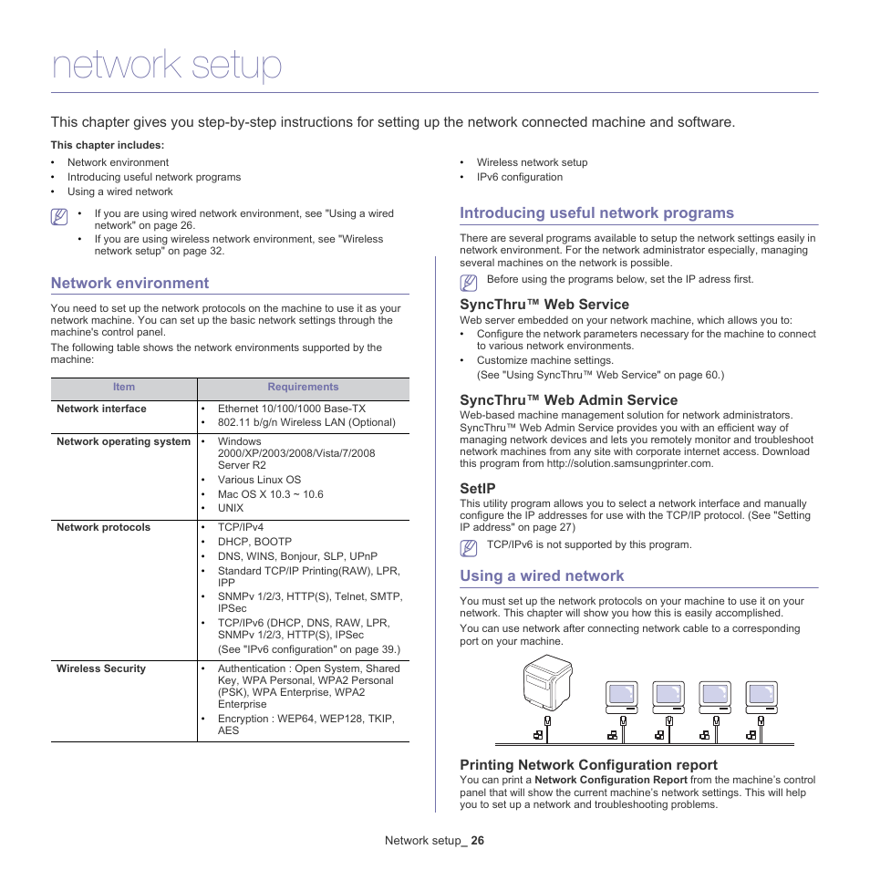 Network setup, Network environment, Introducing useful network programs | Using a wired network, Syncthru™ web service, Syncthru™ web admin service, Setip, Printing network configuration report | Samsung CLP-775 SERIES User Manual | Page 26 / 101