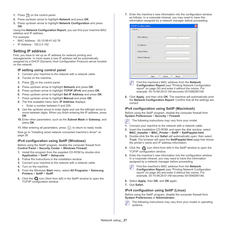 Setting, Setting ip address | Samsung CLP-775 SERIES User Manual | Page 27 / 101