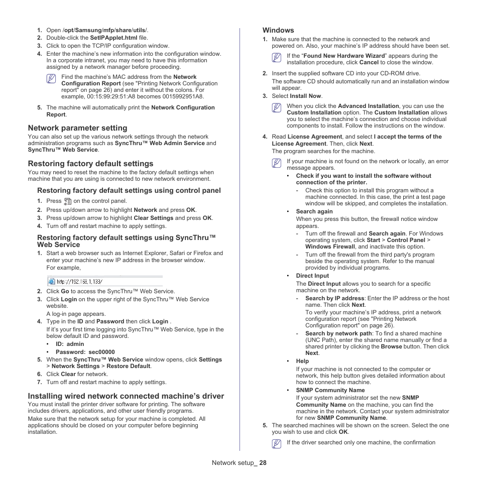Installing wired network connected, Network parameter setting, Restoring factory default settings | Samsung CLP-775 SERIES User Manual | Page 28 / 101